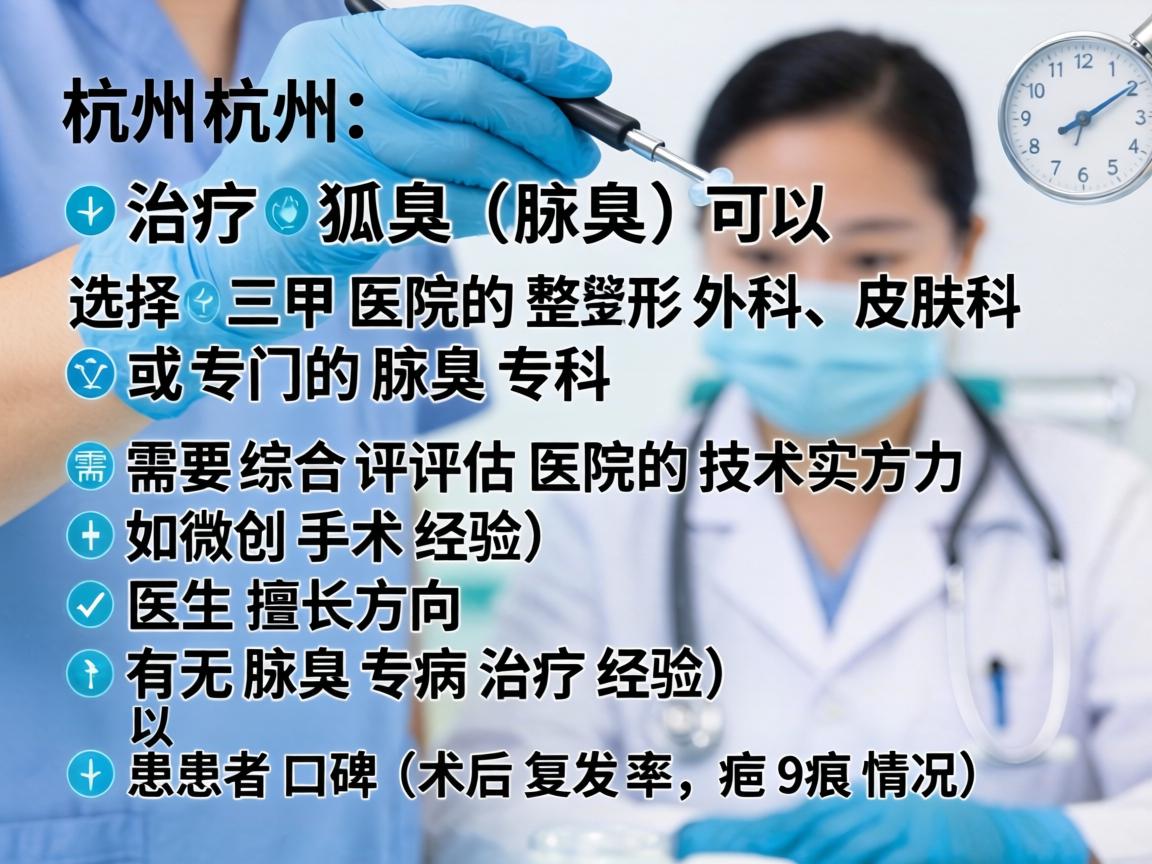 在杭州,治疗狐臭(腋臭)可以选择三甲医院的整形外科、皮肤科或专门的腋臭专科。需要综合评估医院的技术实力(如微创手术经验)医生擅长方向(如有无腋臭专病治疗经验)以及患者口碑(术后复发率和疤痕情况) 在杭州,治疗狐臭(腋臭)可以选择三甲医院的整形外科、皮肤科或专门的腋臭专科。需要综合评估医院的技术实力(如微创手术经验)医生擅长方向(如有无腋臭专病治疗经验)以及患者口碑(术后复发率和疤痕情况)