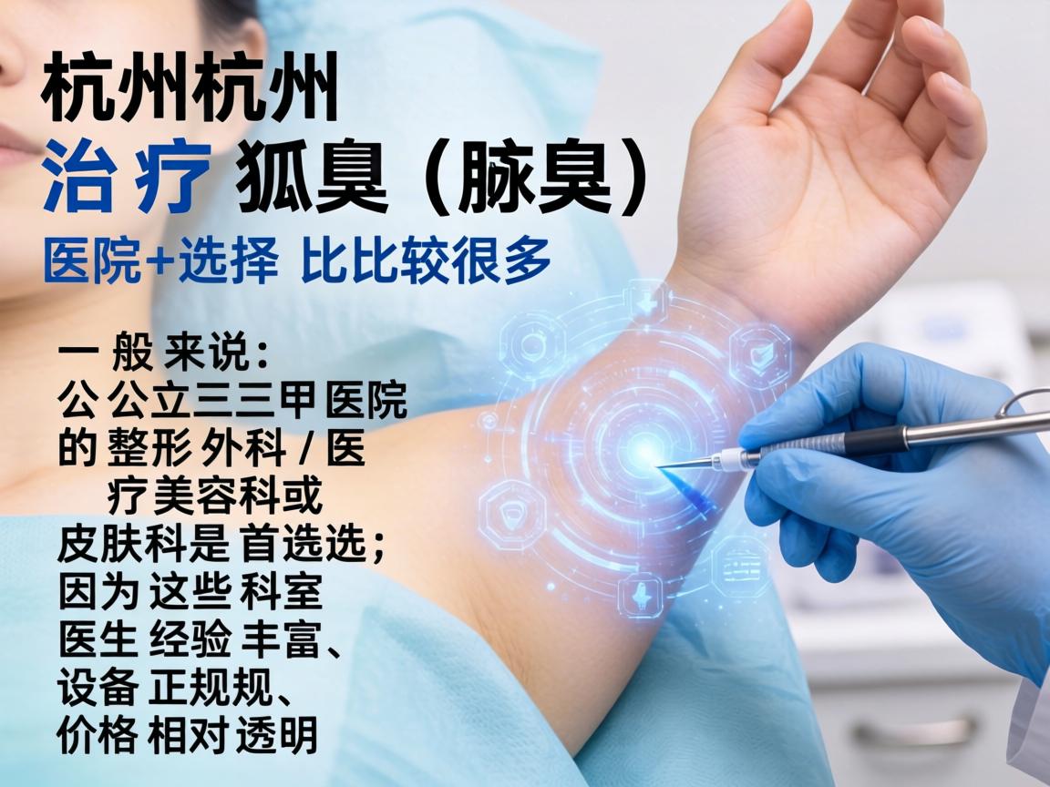 在杭州,治疗狐臭(腋臭)的医院选择比较多。一般来说,公立三甲医院的整形外科/医疗美容科或皮肤科是首选,因为这些科室医生经验丰富,设备正规,价格相对透明 在杭州,治疗狐臭(腋臭)的医院选择比较多。一般来说,公立三甲医院的整形外科/医疗美容科或皮肤科是首选,因为这些科室医生经验丰富,设备正规,价格相对透明