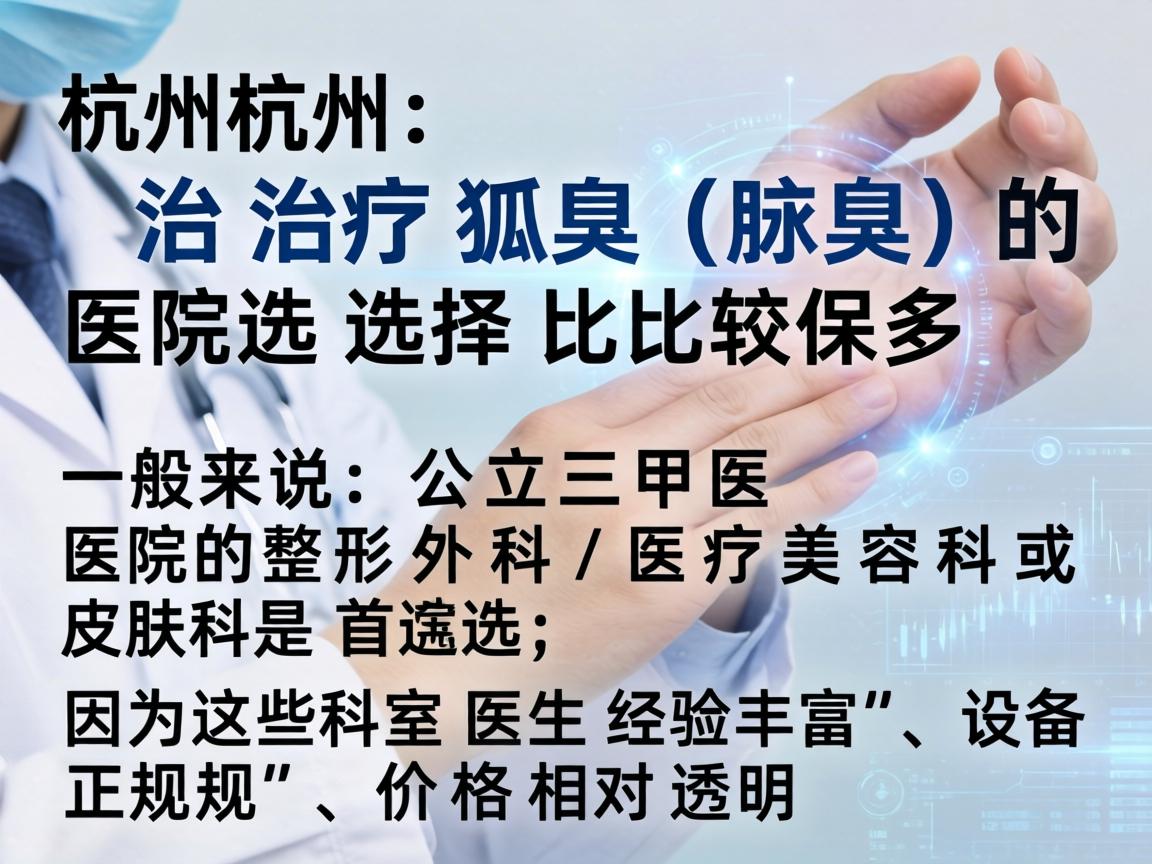 在杭州,治疗狐臭(腋臭)的医院选择比较多。一般来说,公立三甲医院的整形外科/医疗美容科或皮肤科是首选,因为这些科室医生经验丰富,设备正规,价格相对透明 在杭州,治疗狐臭(腋臭)的医院选择比较多。一般来说,公立三甲医院的整形外科/医疗美容科或皮肤科是首选,因为这些科室医生经验丰富,设备正规,价格相对透明