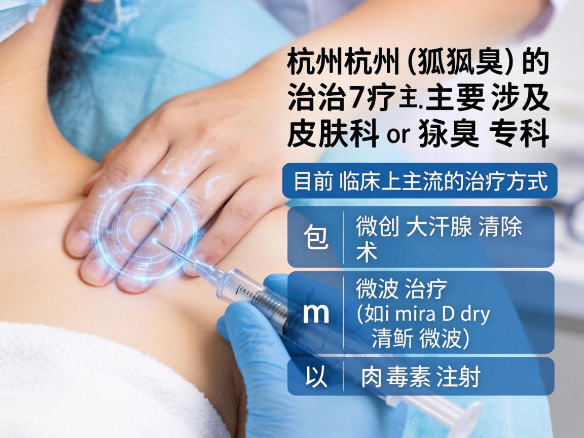 在杭州，腋臭（狐臭）的治疗主要涉及皮肤科或腋臭专科。目前临床上主流的治疗方式包括微创大汗腺清除术、微波治疗（如miraDry清新微波）以及肉毒素注射