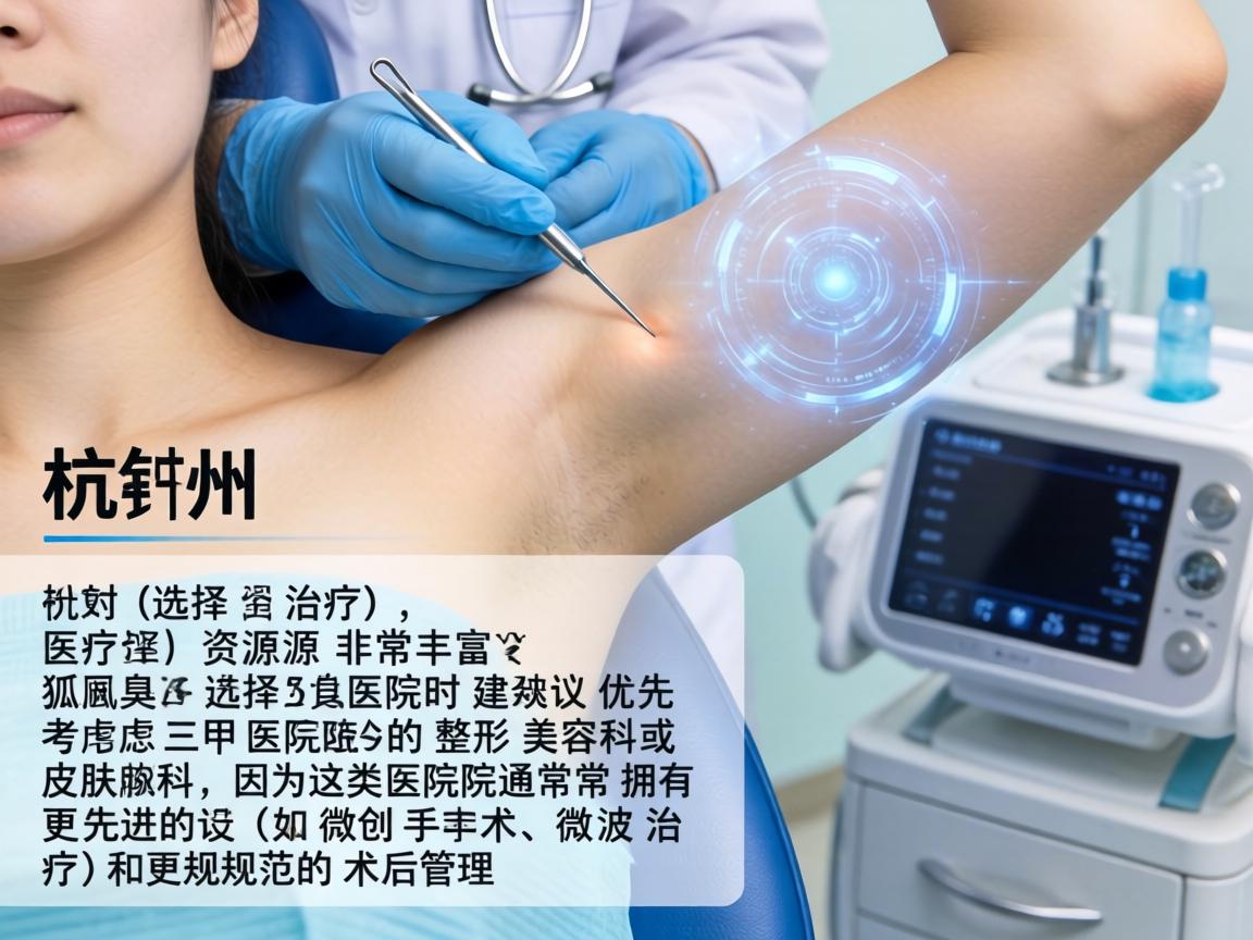 在杭州，针对腋臭（狐臭）的治疗，医疗资源非常丰富。选择医院时，建议优先考虑三甲医院的整形美容科或皮肤科，因为这类医院通常拥有更先进的设备（如微创手术、微波治疗）和更规范的术后管理