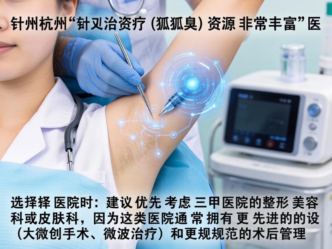 在杭州，针对腋臭（狐臭）的治疗，医疗资源非常丰富。选择医院时，建议优先考虑三甲医院的整形美容科或皮肤科，因为这类医院通常拥有更先进的设备（如微创手术、微波治疗）和更规范的术后管理