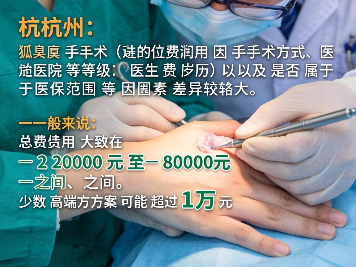 在杭州,腋臭手术(狐臭手术)的费用因手术方式、医院等级、医生资历以及是否属于医保范围等因素差异较大。一般来说,总费用大致在 2000元 至 8000元 之间,少数高端方案可能超过1万元 在杭州,腋臭手术(狐臭手术)的费用因手术方式、医院等级、医生资历以及是否属于医保范围等因素差异较大。一般来说,总费用大致在 2000元 至 8000元 之间,少数高端方案可能超过1万元