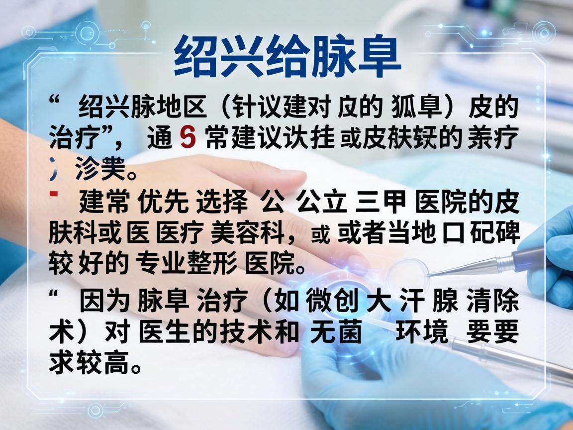 在绍兴地区,针对腋臭(狐臭)的治疗,通常建议优先选择公立三甲医院的皮肤科或医疗美容科,或者当地口碑较好的专业整形医院。因为腋臭治疗(如微创大汗腺清除术)对医生的技术和无菌环境要求较高 在绍兴地区,针对腋臭(狐臭)的治疗,通常建议优先选择公立三甲医院的皮肤科或医疗美容科,或者当地口碑较好的专业整形医院。因为腋臭治疗(如微创大汗腺清除术)对医生的技术和无菌环境要求较高