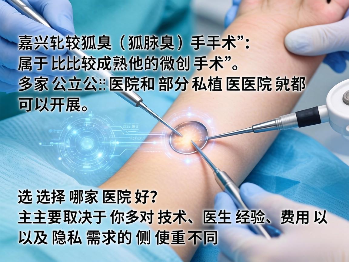 在嘉兴,狐臭(腋臭)手术属于比较成熟的微创手术,多家公立医院和部分私立医院都可以开展。选择哪家医院好,主要取决于你对技术、医生经验、费用以及隐私需求的侧重不同 在嘉兴,狐臭(腋臭)手术属于比较成熟的微创手术,多家公立医院和部分私立医院都可以开展。选择哪家医院好,主要取决于你对技术、医生经验、费用以及隐私需求的侧重不同