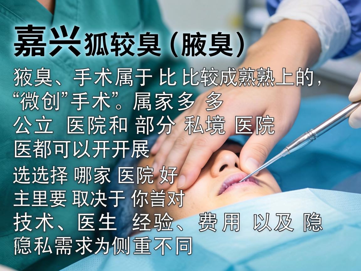 在嘉兴,狐臭(腋臭)手术属于比较成熟的微创手术,多家公立医院和部分私立医院都可以开展。选择哪家医院好,主要取决于你对技术、医生经验、费用以及隐私需求的侧重不同 在嘉兴,狐臭(腋臭)手术属于比较成熟的微创手术,多家公立医院和部分私立医院都可以开展。选择哪家医院好,主要取决于你对技术、医生经验、费用以及隐私需求的侧重不同