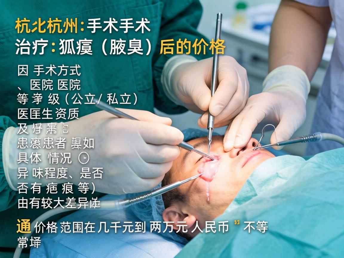 在杭州,手术治疗狐臭(腋臭)的价格因手术方式、医院等级(公立/私立)医生资质及患者具体情况(如异味程度、是否有疤痕等)而有较大差异。通常价格范围在 几千元到两万元人民币 不等 在杭州,手术治疗狐臭(腋臭)的价格因手术方式、医院等级(公立/私立)医生资质及患者具体情况(如异味程度、是否有疤痕等)而有较大差异。通常价格范围在 几千元到两万元人民币 不等