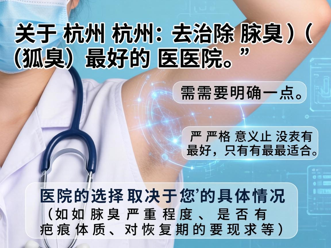关于杭州去除腋臭(狐臭)最好的医院,需要明确一点,严格意义上没有最好,只有最适合。医院的选择取决于您的具体情况(如腋臭严重程度、是否有疤痕体质、对恢复期的要求等) 关于杭州去除腋臭(狐臭)最好的医院,需要明确一点,严格意义上没有最好,只有最适合。医院的选择取决于您的具体情况(如腋臭严重程度、是否有疤痕体质、对恢复期的要求等)