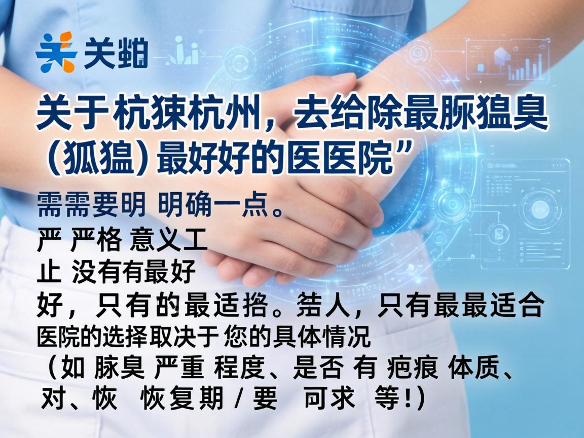 关于杭州去除腋臭(狐臭)最好的医院,需要明确一点,严格意义上没有最好,只有最适合。医院的选择取决于您的具体情况(如腋臭严重程度、是否有疤痕体质、对恢复期的要求等) 关于杭州去除腋臭(狐臭)最好的医院,需要明确一点,严格意义上没有最好,只有最适合。医院的选择取决于您的具体情况(如腋臭严重程度、是否有疤痕体质、对恢复期的要求等)