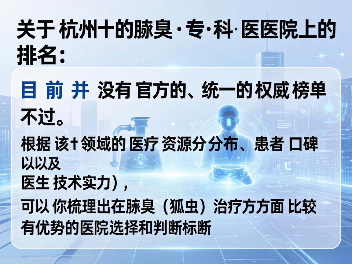 关于杭州腋臭专科医院的排名,目前并没有官方的、统一的权威榜单。不过,根据该领域的医疗资源分布、患者口碑以及医生技术实力,可以为你梳理出在腋臭(狐臭)治疗方面比较有优势的医院选择和判断标准 关于杭州腋臭专科医院的排名,目前并没有官方的、统一的权威榜单。不过,根据该领域的医疗资源分布、患者口碑以及医生技术实力,可以为你梳理出在腋臭(狐臭)治疗方面比较有优势的医院选择和判断标准