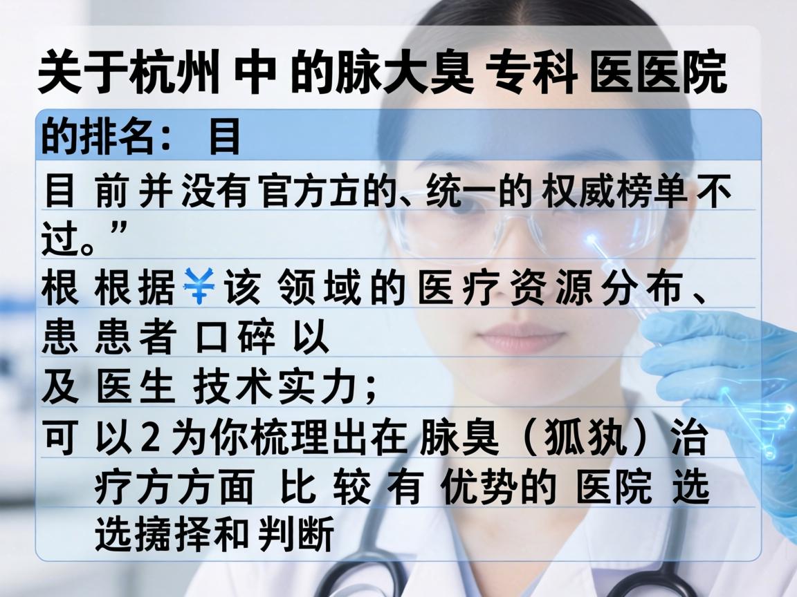 关于杭州腋臭专科医院的排名,目前并没有官方的、统一的权威榜单。不过,根据该领域的医疗资源分布、患者口碑以及医生技术实力,可以为你梳理出在腋臭(狐臭)治疗方面比较有优势的医院选择和判断标准 关于杭州腋臭专科医院的排名,目前并没有官方的、统一的权威榜单。不过,根据该领域的医疗资源分布、患者口碑以及医生技术实力,可以为你梳理出在腋臭(狐臭)治疗方面比较有优势的医院选择和判断标准
