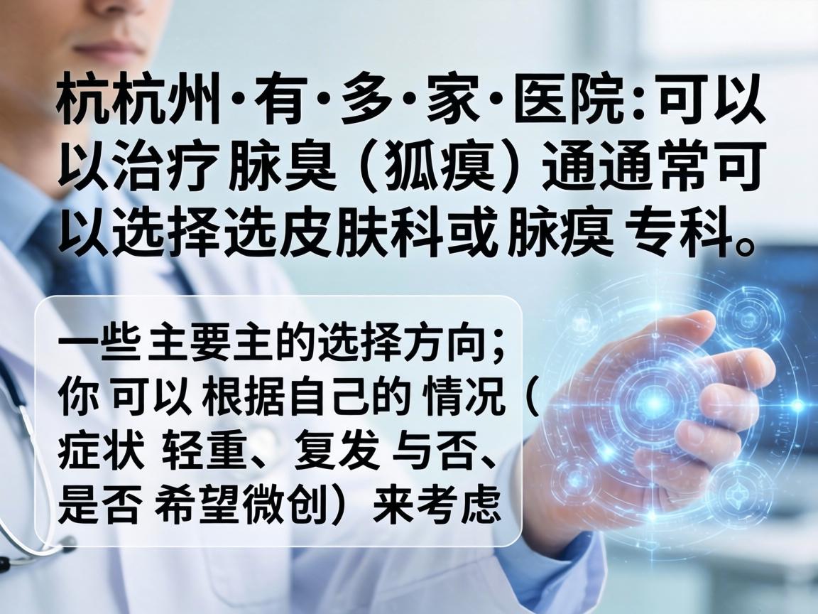杭州有多家医院可以治疗腋臭(狐臭)通常可以选择皮肤科或腋臭专科。以下是一些主要的选择方向,你可以根据自己的情况(如症状轻重、复发与否、是否希望微创)来考虑 杭州有多家医院可以治疗腋臭(狐臭)通常可以选择皮肤科或腋臭专科。以下是一些主要的选择方向,你可以根据自己的情况(如症状轻重、复发与否、是否希望微创)来考虑