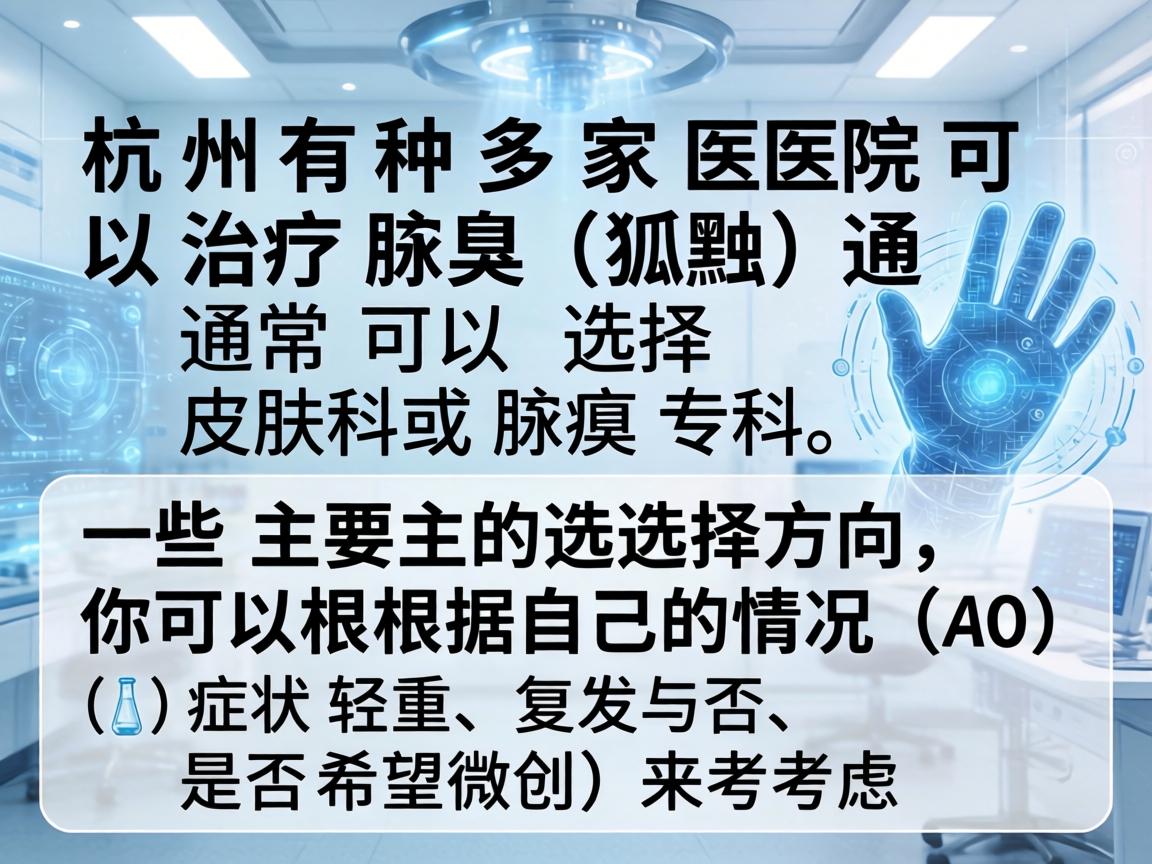杭州有多家医院可以治疗腋臭(狐臭)通常可以选择皮肤科或腋臭专科。以下是一些主要的选择方向,你可以根据自己的情况(如症状轻重、复发与否、是否希望微创)来考虑 杭州有多家医院可以治疗腋臭(狐臭)通常可以选择皮肤科或腋臭专科。以下是一些主要的选择方向,你可以根据自己的情况(如症状轻重、复发与否、是否希望微创)来考虑