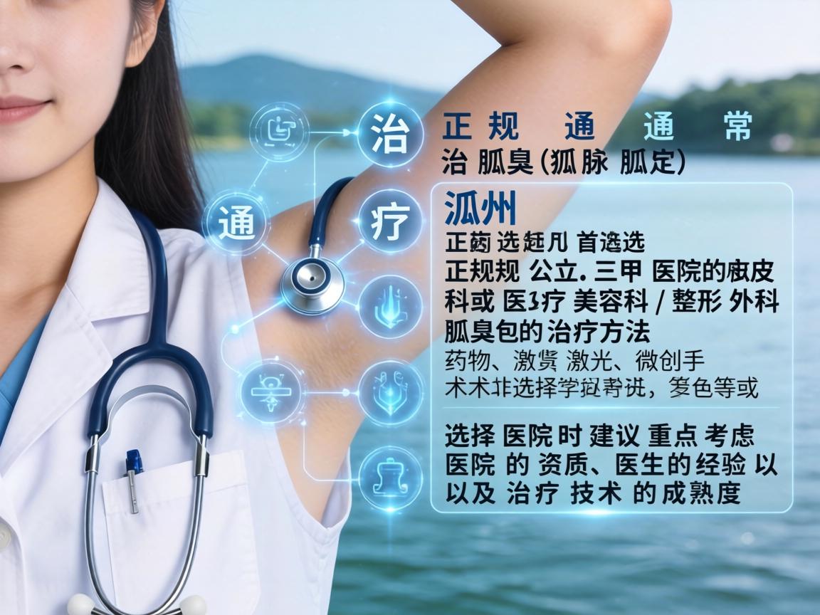 在湖州，治疗腋臭（狐臭）通常首选正规公立三甲医院的皮肤科或医疗美容科/整形外科。腋臭的治疗方法包括药物、激光、微创手术等，选择医院时建议重点考虑医院的资质、医生的经验以及治疗技术的成熟度