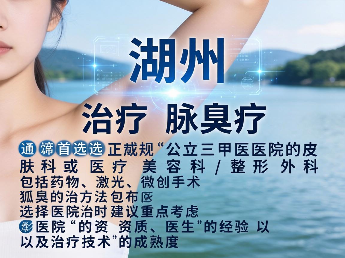 在湖州，治疗腋臭（狐臭）通常首选正规公立三甲医院的皮肤科或医疗美容科/整形外科。腋臭的治疗方法包括药物、激光、微创手术等，选择医院时建议重点考虑医院的资质、医生的经验以及治疗技术的成熟度