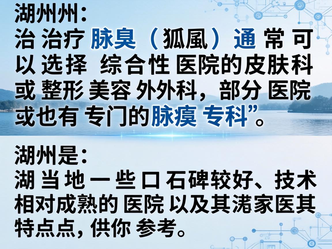 在湖州地区,治疗腋臭(狐臭)通常可以选择综合性医院的皮肤科或整形美容外科,部分医院也有专门的腋臭专科。以下是湖州当地一些口碑较好、技术相对成熟的医院及其特点,供你参考 在湖州地区,治疗腋臭(狐臭)通常可以选择综合性医院的皮肤科或整形美容外科,部分医院也有专门的腋臭专科。以下是湖州当地一些口碑较好、技术相对成熟的医院及其特点,供你参考