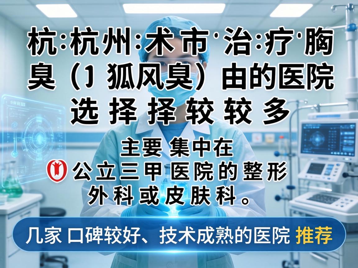 杭州市治疗腋臭(狐臭)的医院选择较多,主要集中在公立三甲医院的整形外科或皮肤科。以下是几家口碑较好、技术成熟的医院推荐 杭州市治疗腋臭(狐臭)的医院选择较多,主要集中在公立三甲医院的整形外科或皮肤科。以下是几家口碑较好、技术成熟的医院推荐