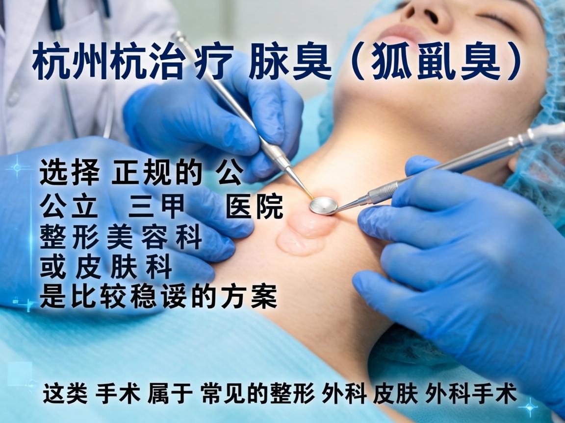在杭州,治疗腋臭(狐臭)选择正规的公立三甲医院整形美容科或皮肤科是比较稳妥的方案。这类手术属于常见的整形外科或皮肤外科手术 在杭州,治疗腋臭(狐臭)选择正规的公立三甲医院整形美容科或皮肤科是比较稳妥的方案。这类手术属于常见的整形外科或皮肤外科手术