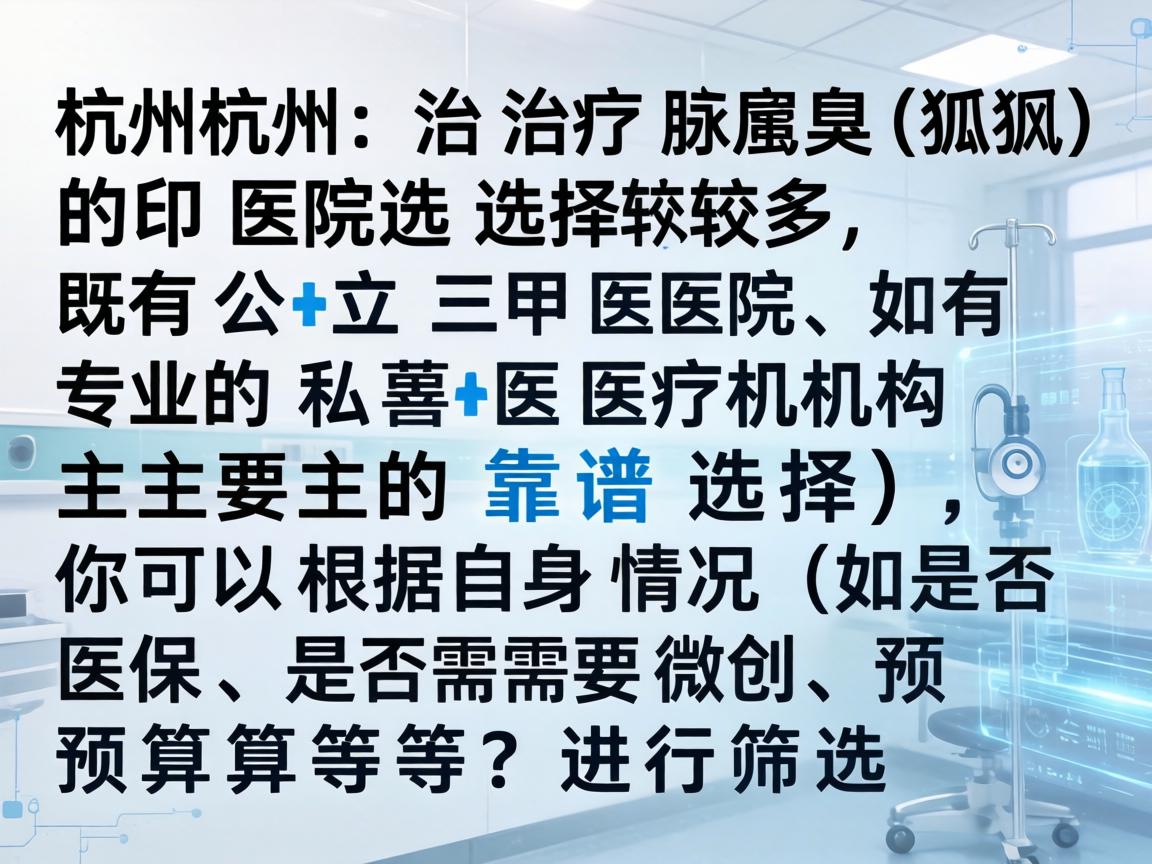 在杭州,治疗腋臭(狐臭)的医院选择较多,既有公立三甲医院,也有专业的私立医疗机构。以下是主要的靠谱选择,你可以根据自身情况(如是否医保、是否需要微创、预算等)进行筛选 在杭州,治疗腋臭(狐臭)的医院选择较多,既有公立三甲医院,也有专业的私立医疗机构。以下是主要的靠谱选择,你可以根据自身情况(如是否医保、是否需要微创、预算等)进行筛选