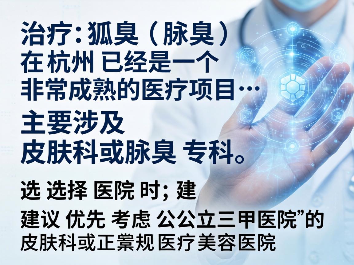 治疗狐臭(腋臭)在杭州已经是一个非常成熟的医疗项目,主要涉及皮肤科或腋臭专科。选择医院时,建议优先考虑公立三甲医院的皮肤科或正规医疗美容医院 治疗狐臭(腋臭)在杭州已经是一个非常成熟的医疗项目,主要涉及皮肤科或腋臭专科。选择医院时,建议优先考虑公立三甲医院的皮肤科或正规医疗美容医院