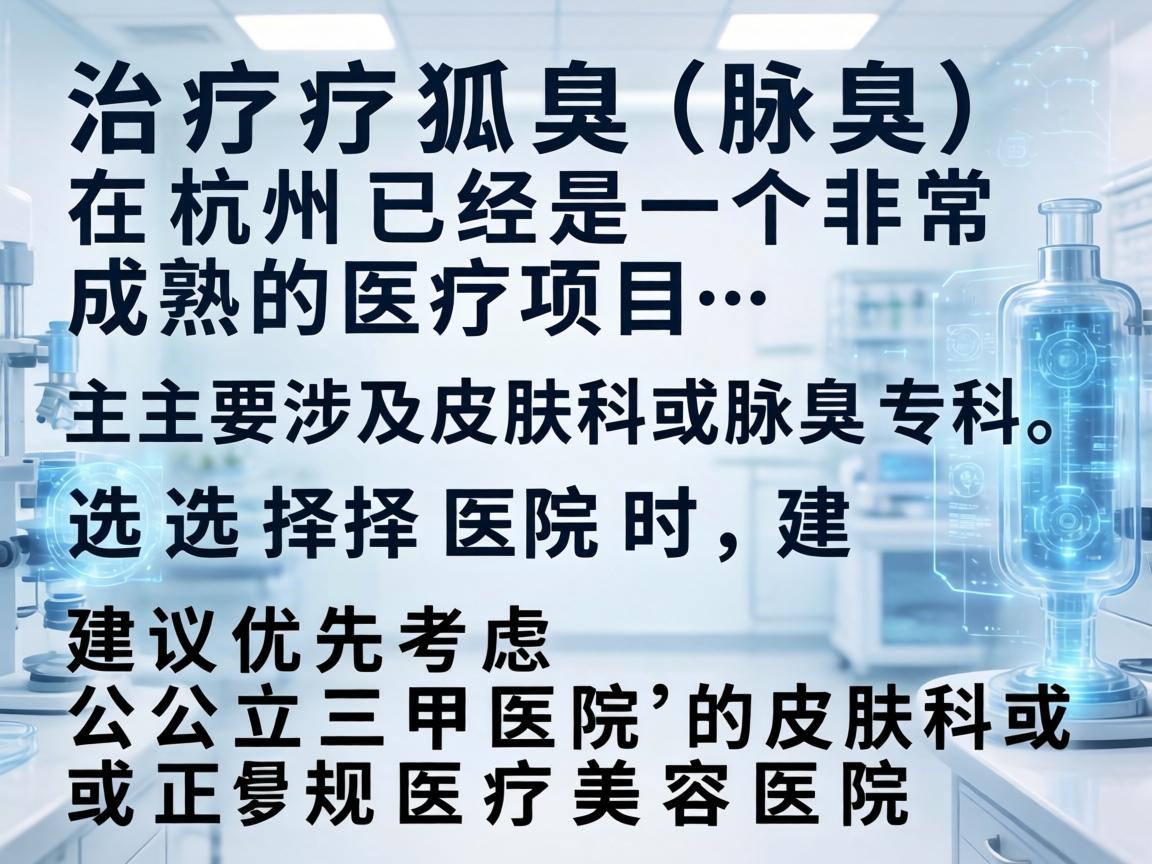 治疗狐臭(腋臭)在杭州已经是一个非常成熟的医疗项目,主要涉及皮肤科或腋臭专科。选择医院时,建议优先考虑公立三甲医院的皮肤科或正规医疗美容医院 治疗狐臭(腋臭)在杭州已经是一个非常成熟的医疗项目,主要涉及皮肤科或腋臭专科。选择医院时,建议优先考虑公立三甲医院的皮肤科或正规医疗美容医院
