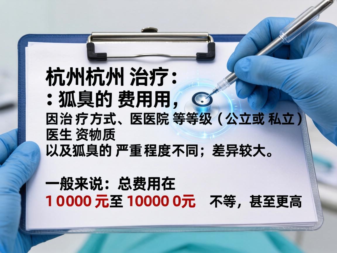 在杭州治疗狐臭的费用,因治疗方式、医院等级(公立或私立)医生资质以及狐臭的严重程度不同,差异较大。一般来说,总费用在 1000元至10000元 不等,甚至更高 在杭州治疗狐臭的费用,因治疗方式、医院等级(公立或私立)医生资质以及狐臭的严重程度不同,差异较大。一般来说,总费用在 1000元至10000元 不等,甚至更高