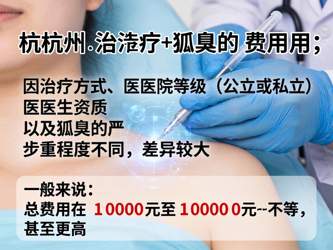 在杭州治疗狐臭的费用,因治疗方式、医院等级(公立或私立)医生资质以及狐臭的严重程度不同,差异较大。一般来说,总费用在 1000元至10000元 不等,甚至更高 在杭州治疗狐臭的费用,因治疗方式、医院等级(公立或私立)医生资质以及狐臭的严重程度不同,差异较大。一般来说,总费用在 1000元至10000元 不等,甚至更高
