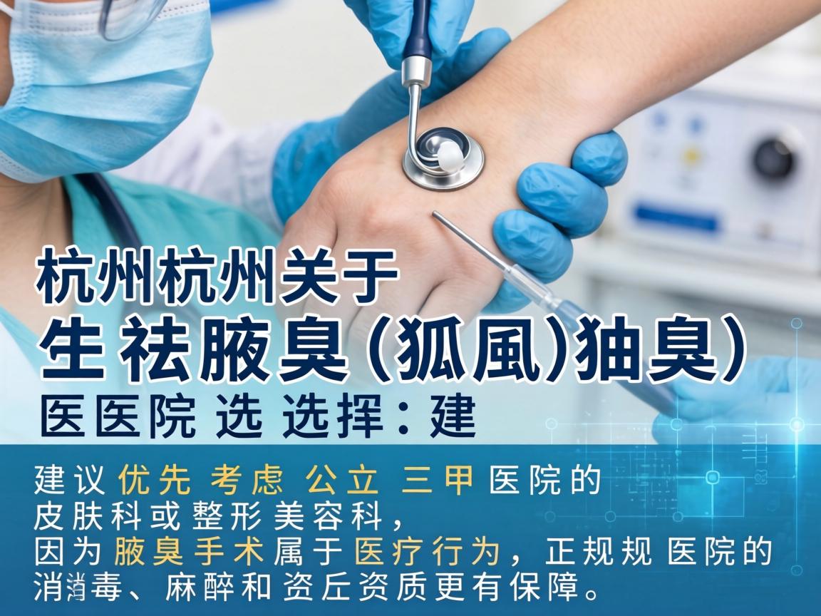 在杭州，关于祛腋臭（狐臭）的医院选择，建议优先考虑公立三甲医院的皮肤科或整形美容科，因为腋臭手术属于医疗行为，正规医院的消毒、麻醉和医生资质更有保障