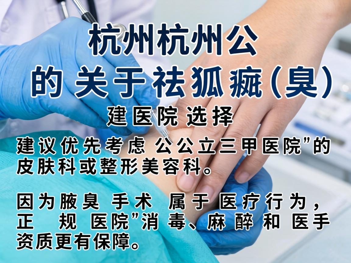在杭州，关于祛腋臭（狐臭）的医院选择，建议优先考虑公立三甲医院的皮肤科或整形美容科，因为腋臭手术属于医疗行为，正规医院的消毒、麻醉和医生资质更有保障
