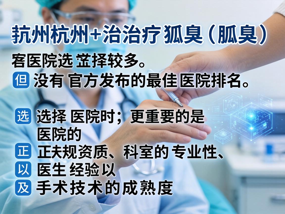 在杭州，治疗狐臭（腋臭）的医院选择较多，但没有官方发布的最佳医院排名。选择医院时，更重要的是医院的正规资质、科室的专业性、医生的经验以及手术技术的成熟度