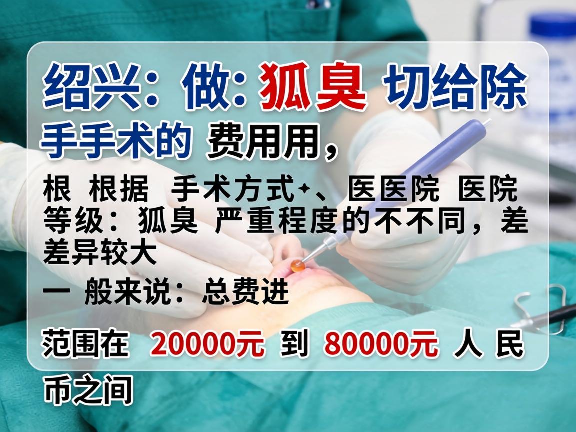 在绍兴做狐臭切除手术的费用,根据手术方式、医院等级和狐臭严重程度的不同,差异较大。一般来说,总费用范围在 2000元 到 8000元 人民币之间 在绍兴做狐臭切除手术的费用,根据手术方式、医院等级和狐臭严重程度的不同,差异较大。一般来说,总费用范围在 2000元 到 8000元 人民币之间