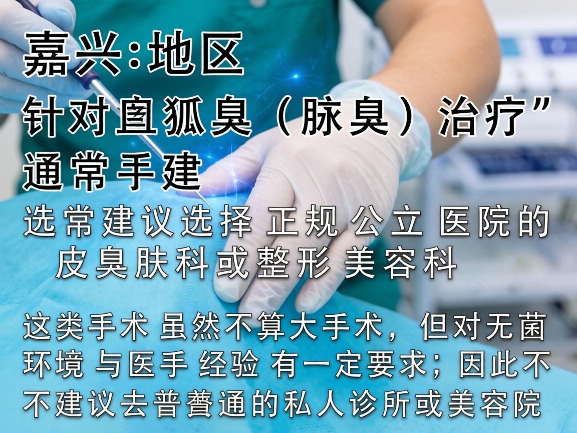 在嘉兴地区,针对狐臭(腋臭)的治疗,通常建议选择正规公立医院的皮肤科或整形美容科。这类手术虽然不算大手术,但对无菌环境和医生经验有一定要求,因此不建议去普通的私人诊所或美容院 在嘉兴地区,针对狐臭(腋臭)的治疗,通常建议选择正规公立医院的皮肤科或整形美容科。这类手术虽然不算大手术,但对无菌环境和医生经验有一定要求,因此不建议去普通的私人诊所或美容院