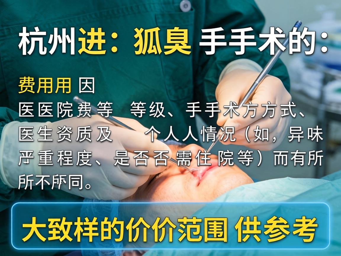 在杭州进行狐臭手术的费用因医院等级、手术方式、医生资质及个人情况(如异味严重程度、是否需住院等)而有所不同。以下是大致的价格范围供参考 在杭州进行狐臭手术的费用因医院等级、手术方式、医生资质及个人情况(如异味严重程度、是否需住院等)而有所不同。以下是大致的价格范围供参考