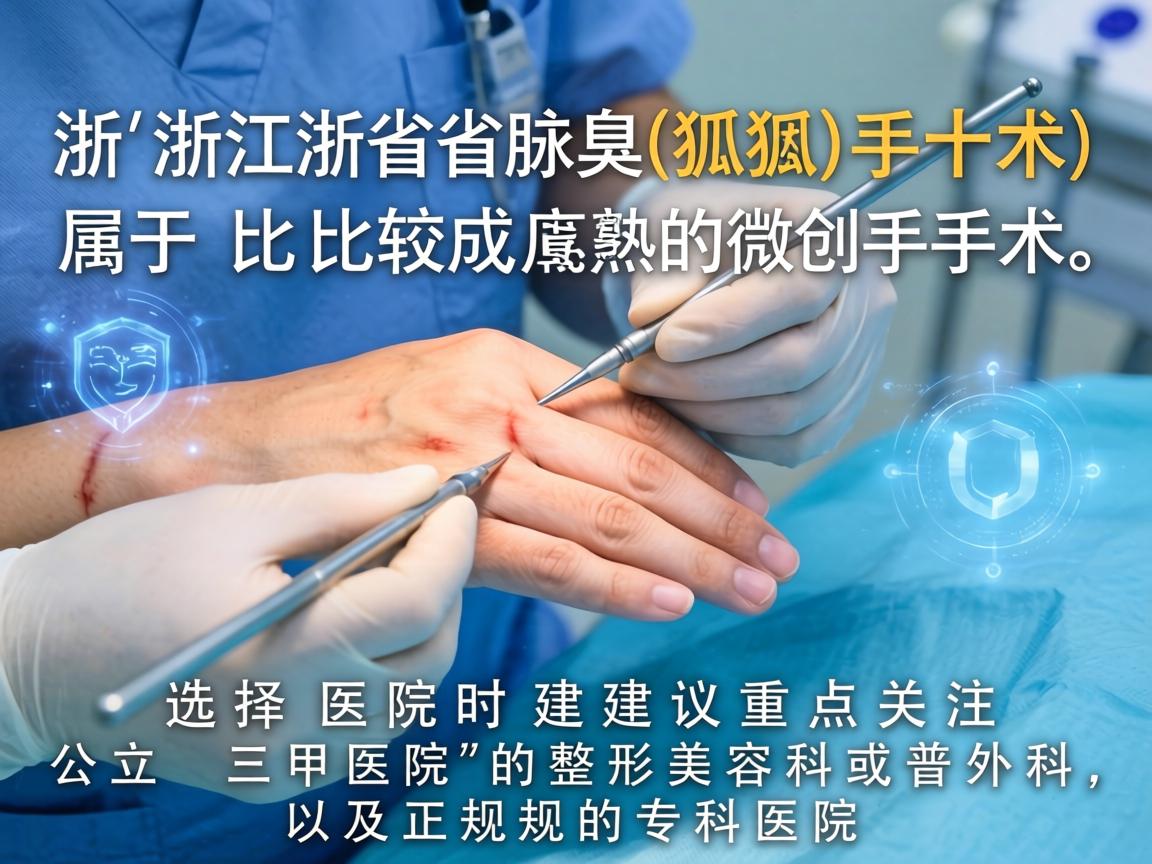 在浙江省,腋臭(狐臭)手术属于比较成熟的微创手术,选择医院时建议重点关注公立三甲医院的整形美容科或普外科,以及正规的专科医院 在浙江省,腋臭(狐臭)手术属于比较成熟的微创手术,选择医院时建议重点关注公立三甲医院的整形美容科或普外科,以及正规的专科医院