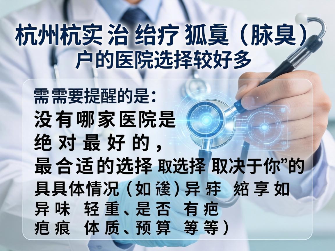 在杭州，治疗狐臭（腋臭）的医院选择较多。需要提醒的是，没有哪家医院是绝对最好的，最合适的选择取决于你的具体情况（如异味轻重、是否有疤痕体质、预算等）