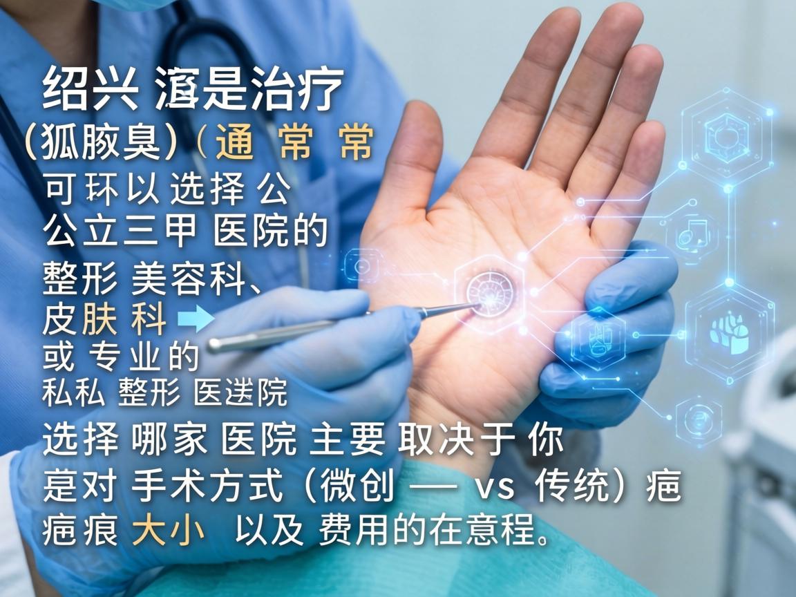 在绍兴,治疗狐臭(腋臭)通常可以选择公立三甲医院的整形美容科、皮肤科或专业的私立整形医院。选择哪家医院主要取决于你对手术方式(微创 vs 传统)疤痕大小以及费用的在意程度 在绍兴,治疗狐臭(腋臭)通常可以选择公立三甲医院的整形美容科、皮肤科或专业的私立整形医院。选择哪家医院主要取决于你对手术方式(微创 vs 传统)疤痕大小以及费用的在意程度