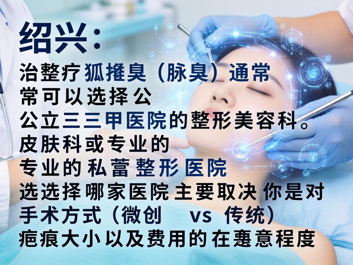 在绍兴,治疗狐臭(腋臭)通常可以选择公立三甲医院的整形美容科、皮肤科或专业的私立整形医院。选择哪家医院主要取决于你对手术方式(微创 vs 传统)疤痕大小以及费用的在意程度 在绍兴,治疗狐臭(腋臭)通常可以选择公立三甲医院的整形美容科、皮肤科或专业的私立整形医院。选择哪家医院主要取决于你对手术方式(微创 vs 传统)疤痕大小以及费用的在意程度