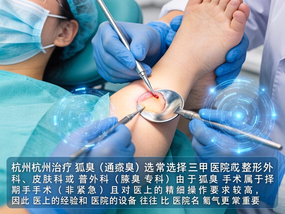 在杭州,治疗狐臭(腋臭)通常选择三甲医院的整形外科、皮肤科或普外科(腋臭专科)由于狐臭手术属于择期手术(非紧急)且对医生的精细操作要求较高,因此医生的经验和医院的设备往往比医院名气更重要 在杭州,治疗狐臭(腋臭)通常选择三甲医院的整形外科、皮肤科或普外科(腋臭专科)由于狐臭手术属于择期手术(非紧急)且对医生的精细操作要求较高,因此医生的经验和医院的设备往往比医院名气更重要
