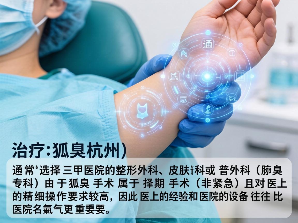在杭州,治疗狐臭(腋臭)通常选择三甲医院的整形外科、皮肤科或普外科(腋臭专科)由于狐臭手术属于择期手术(非紧急)且对医生的精细操作要求较高,因此医生的经验和医院的设备往往比医院名气更重要 在杭州,治疗狐臭(腋臭)通常选择三甲医院的整形外科、皮肤科或普外科(腋臭专科)由于狐臭手术属于择期手术(非紧急)且对医生的精细操作要求较高,因此医生的经验和医院的设备往往比医院名气更重要