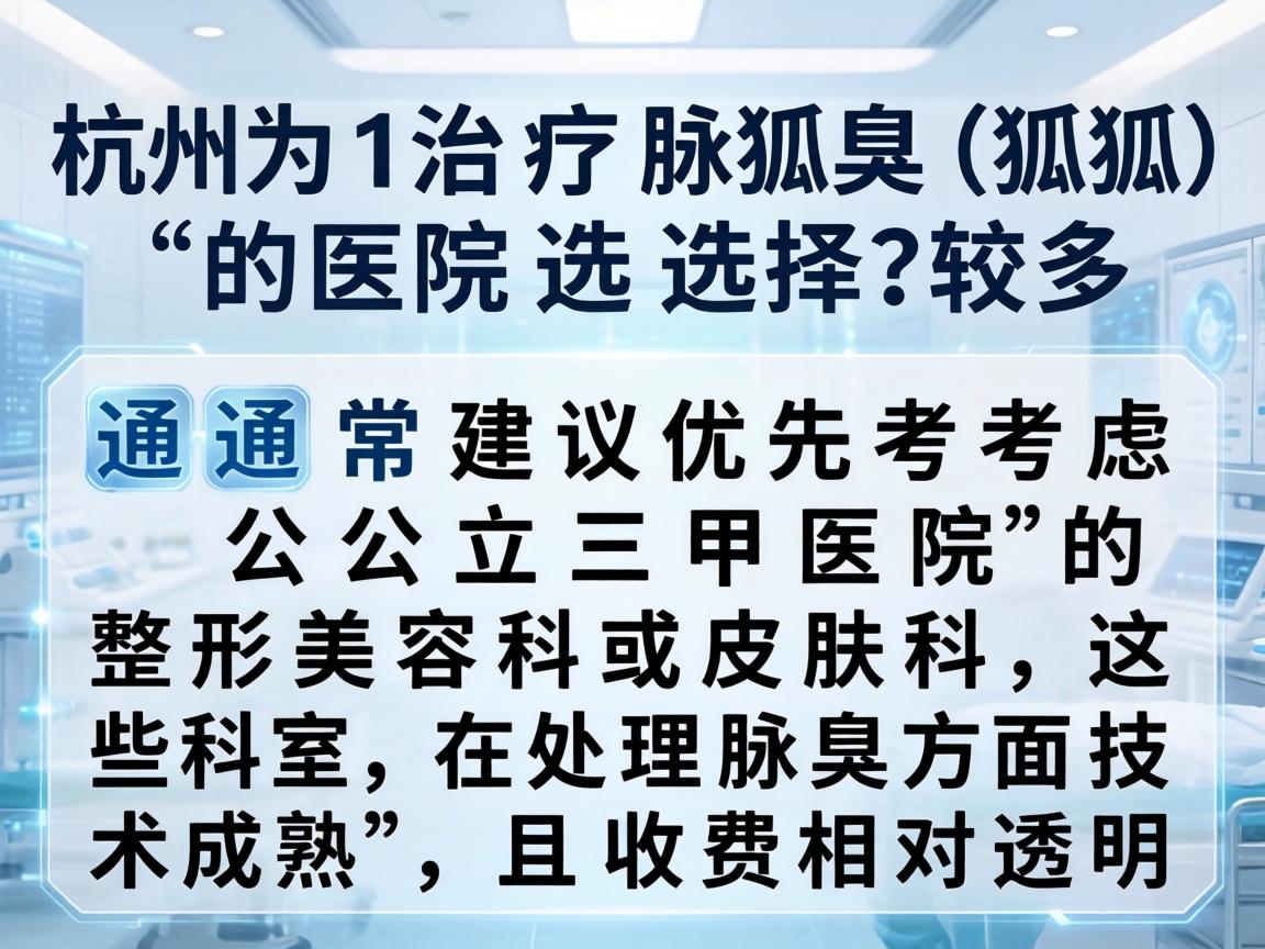 在杭州,治疗腋臭(狐臭)的医院选择较多,通常建议优先考虑公立三甲医院的整形美容科或皮肤科,这些科室在处理腋臭方面技术成熟,且收费相对透明 在杭州,治疗腋臭(狐臭)的医院选择较多,通常建议优先考虑公立三甲医院的整形美容科或皮肤科,这些科室在处理腋臭方面技术成熟,且收费相对透明