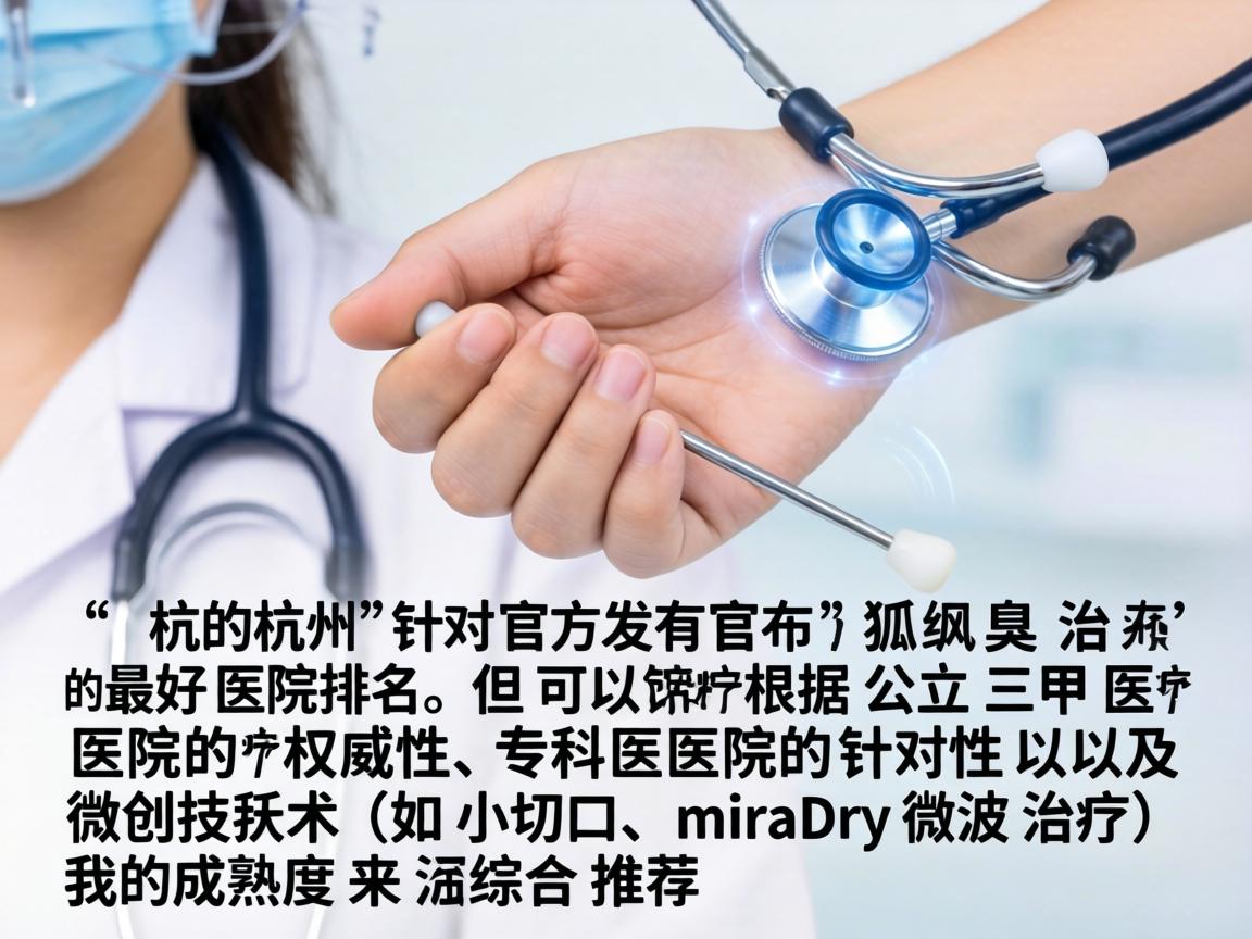 在杭州,针对腋臭(狐臭)的治疗,并没有官方发布的最好医院排名,但可以根据公立三甲医院的权威性、专科医院的针对性以及微创技术(如小切口、miraDry微波治疗)的成熟度来综合推荐 在杭州,针对腋臭(狐臭)的治疗,并没有官方发布的最好医院排名,但可以根据公立三甲医院的权威性、专科医院的针对性以及微创技术(如小切口、miraDry微波治疗)的成熟度来综合推荐