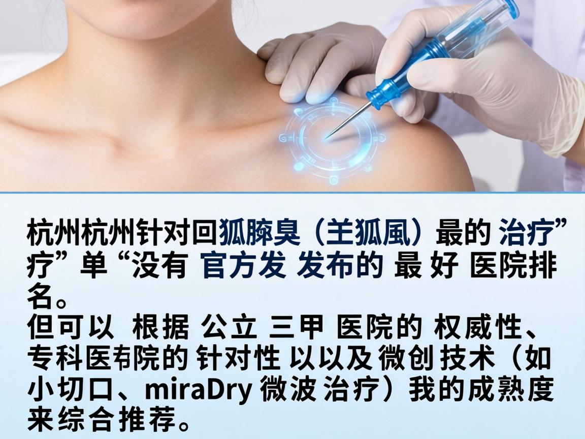 在杭州,针对腋臭(狐臭)的治疗,并没有官方发布的最好医院排名,但可以根据公立三甲医院的权威性、专科医院的针对性以及微创技术(如小切口、miraDry微波治疗)的成熟度来综合推荐 在杭州,针对腋臭(狐臭)的治疗,并没有官方发布的最好医院排名,但可以根据公立三甲医院的权威性、专科医院的针对性以及微创技术(如小切口、miraDry微波治疗)的成熟度来综合推荐