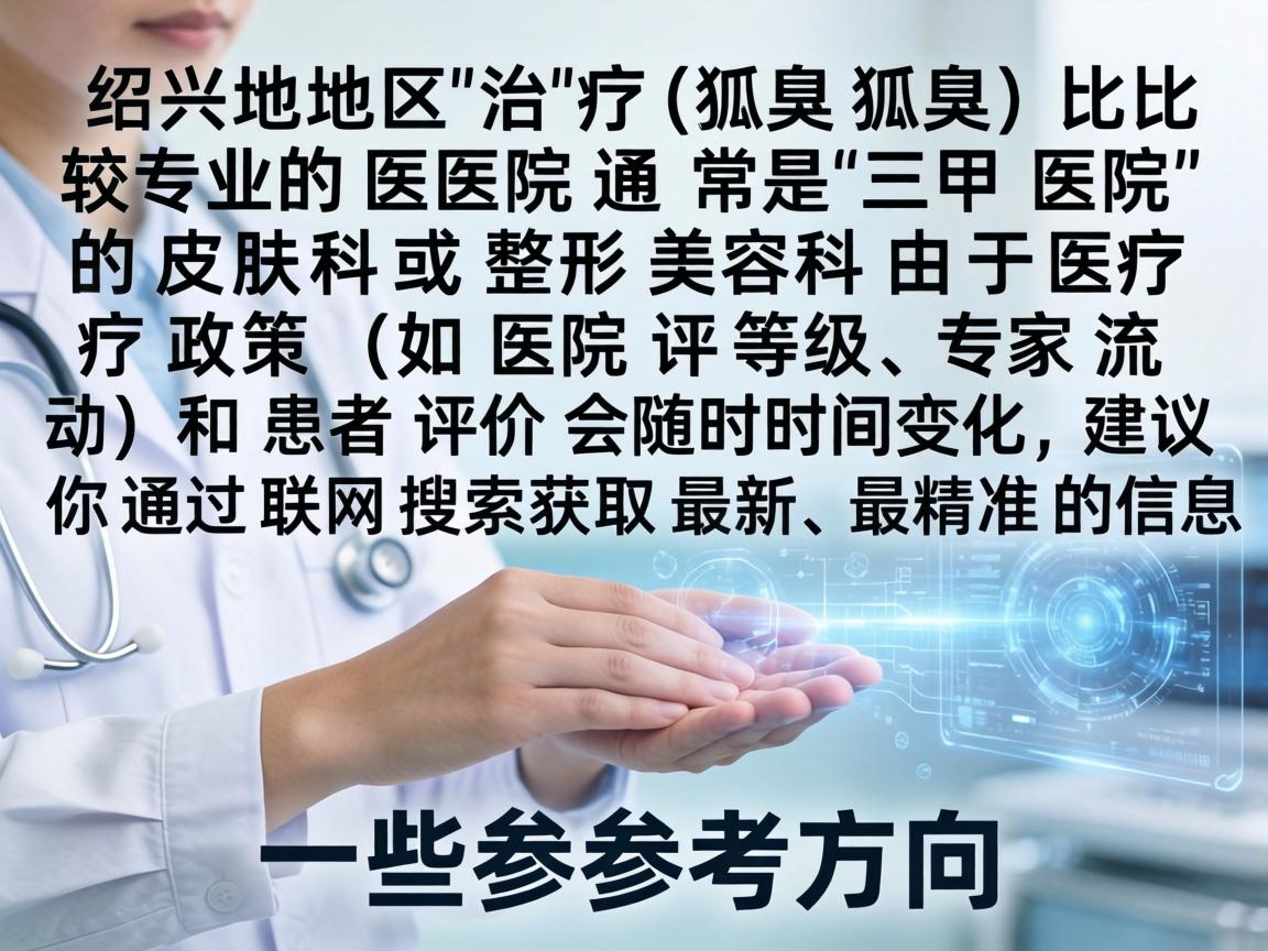 绍兴地区治疗狐臭(腋臭)比较专业的医院通常是三甲医院的皮肤科或整形美容科。由于医疗政策(如医院评级、专家流动)和患者评价会随时间变化,建议你通过联网搜索获取最新、最精准的信息。以下是一些参考方向 绍兴地区治疗狐臭(腋臭)比较专业的医院通常是三甲医院的皮肤科或整形美容科。由于医疗政策(如医院评级、专家流动)和患者评价会随时间变化,建议你通过联网搜索获取最新、最精准的信息。以下是一些参考方向