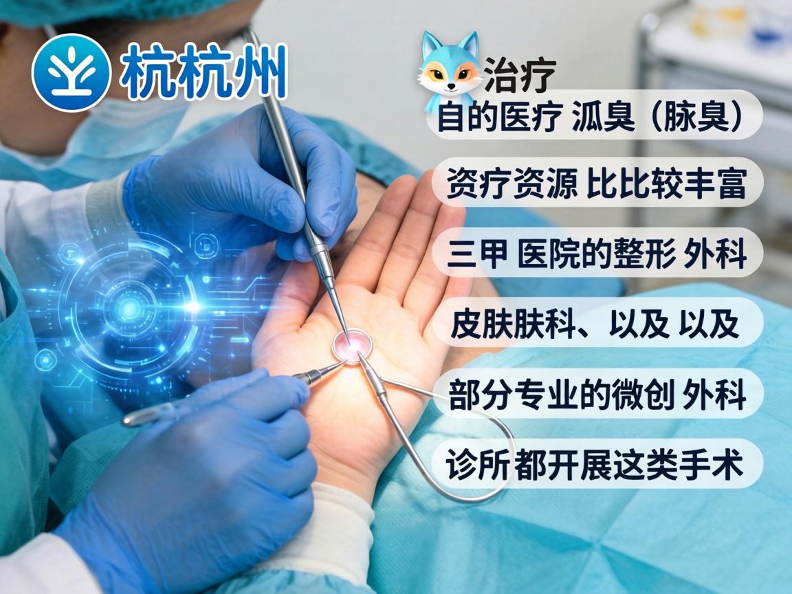 在杭州,治疗狐臭(腋臭)的医疗资源比较丰富,三甲医院的整形外科、皮肤科以及部分专业的微创外科诊所都开展这类手术 在杭州,治疗狐臭(腋臭)的医疗资源比较丰富,三甲医院的整形外科、皮肤科以及部分专业的微创外科诊所都开展这类手术