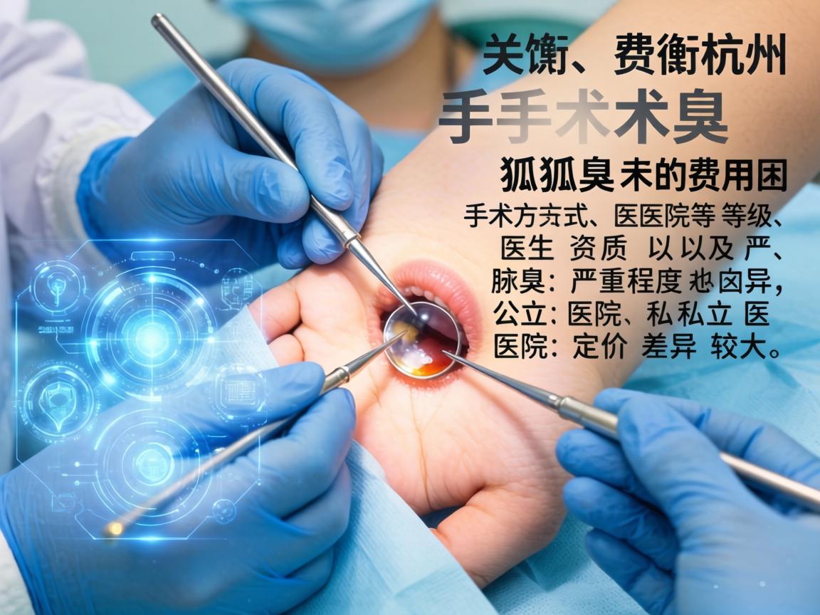 在杭州,狐臭手术的费用因手术方式、医院等级、医生资质以及腋臭的严重程度而异,公立医院和私立医院的定价差异较大 在杭州,狐臭手术的费用因手术方式、医院等级、医生资质以及腋臭的严重程度而异,公立医院和私立医院的定价差异较大