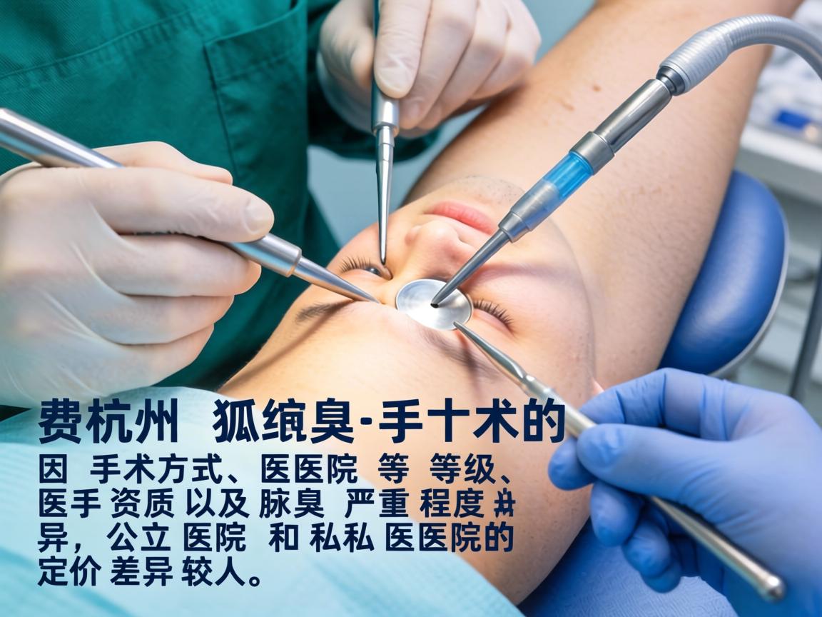在杭州,狐臭手术的费用因手术方式、医院等级、医生资质以及腋臭的严重程度而异,公立医院和私立医院的定价差异较大 在杭州,狐臭手术的费用因手术方式、医院等级、医生资质以及腋臭的严重程度而异,公立医院和私立医院的定价差异较大