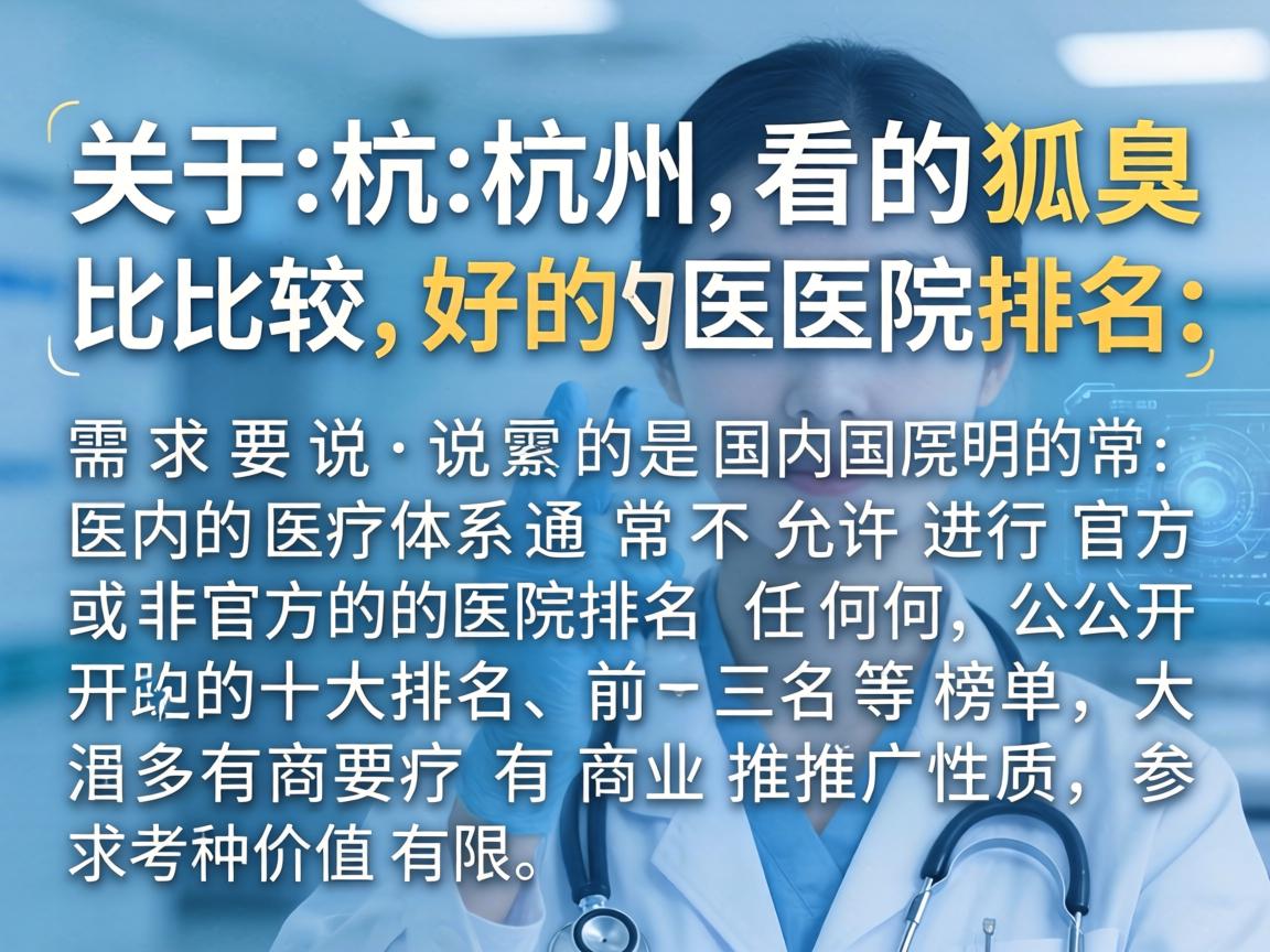 关于杭州看狐臭比较好的医院排名,需要说明的是,国内的医疗体系通常不允许进行官方或非官方的医院排名。任何公开的十大排名、前三名等榜单,大多带有商业推广性质,参考价值有限 关于杭州看狐臭比较好的医院排名,需要说明的是,国内的医疗体系通常不允许进行官方或非官方的医院排名。任何公开的十大排名、前三名等榜单,大多带有商业推广性质,参考价值有限