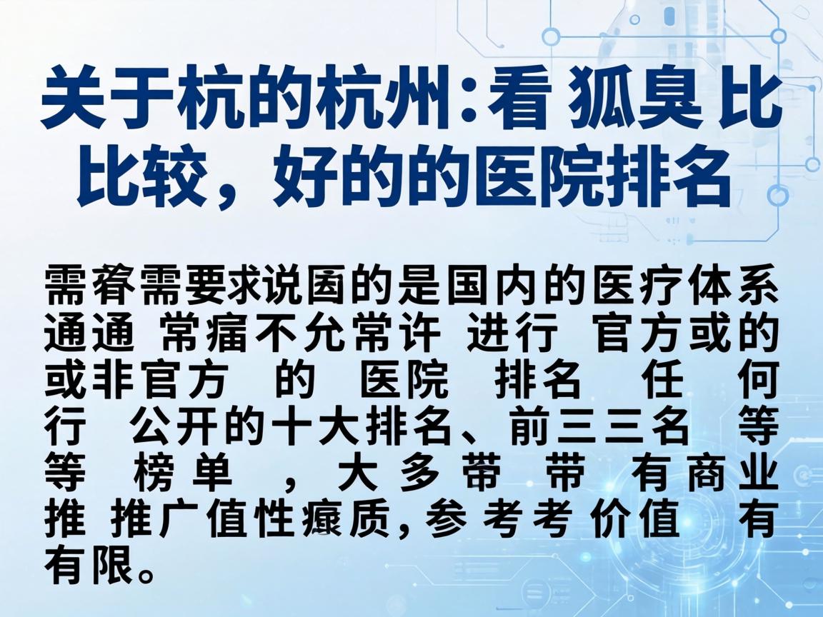 关于杭州看狐臭比较好的医院排名,需要说明的是,国内的医疗体系通常不允许进行官方或非官方的医院排名。任何公开的十大排名、前三名等榜单,大多带有商业推广性质,参考价值有限 关于杭州看狐臭比较好的医院排名,需要说明的是,国内的医疗体系通常不允许进行官方或非官方的医院排名。任何公开的十大排名、前三名等榜单,大多带有商业推广性质,参考价值有限