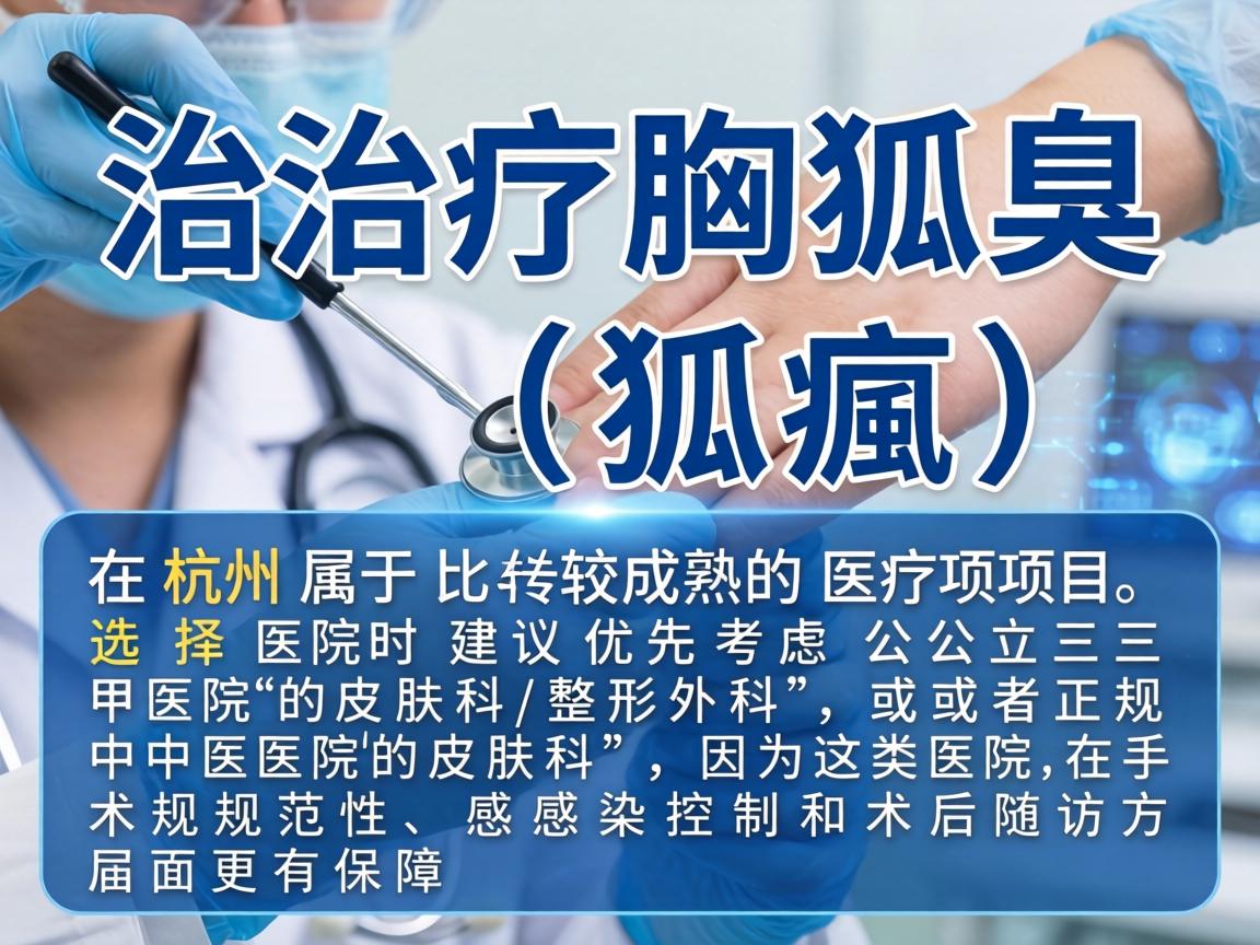 治疗腋臭(狐臭)在杭州属于比较成熟的医疗项目,选择医院时建议优先考虑公立三甲医院的皮肤科/整形外科,或者正规中医院的皮肤科,因为这类医院在手术规范性、感染控制和术后随访方面更有保障 治疗腋臭(狐臭)在杭州属于比较成熟的医疗项目,选择医院时建议优先考虑公立三甲医院的皮肤科/整形外科,或者正规中医院的皮肤科,因为这类医院在手术规范性、感染控制和术后随访方面更有保障