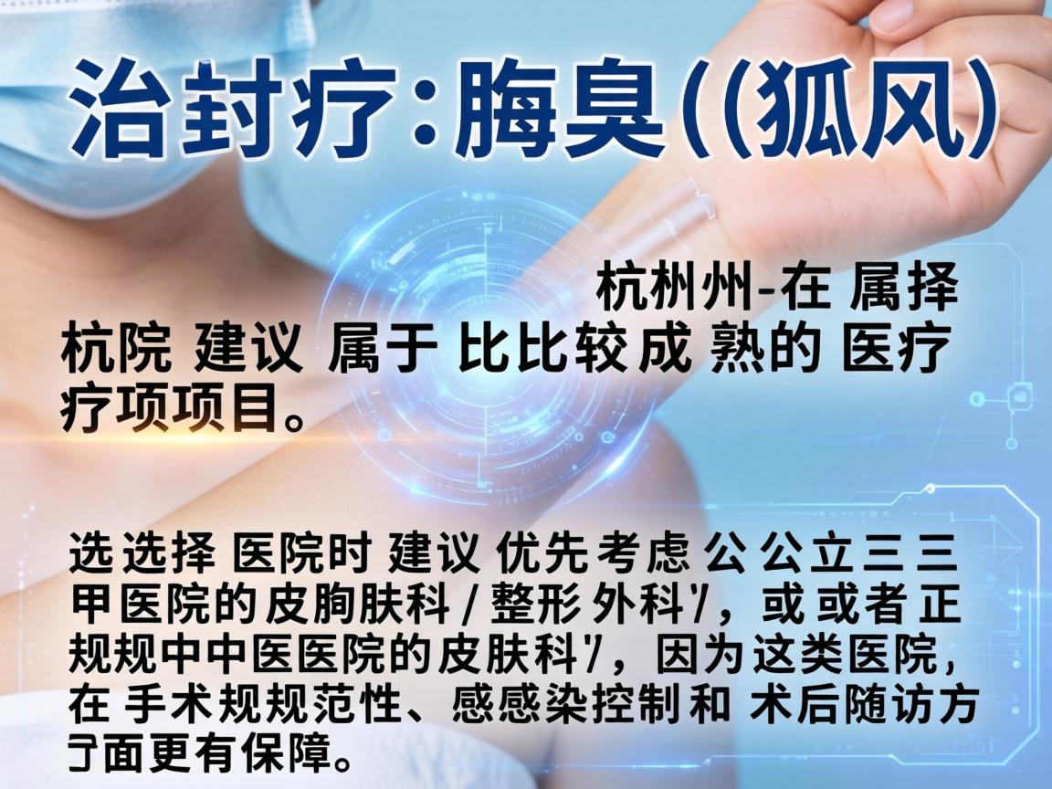 治疗腋臭(狐臭)在杭州属于比较成熟的医疗项目,选择医院时建议优先考虑公立三甲医院的皮肤科/整形外科,或者正规中医院的皮肤科,因为这类医院在手术规范性、感染控制和术后随访方面更有保障 治疗腋臭(狐臭)在杭州属于比较成熟的医疗项目,选择医院时建议优先考虑公立三甲医院的皮肤科/整形外科,或者正规中医院的皮肤科,因为这类医院在手术规范性、感染控制和术后随访方面更有保障